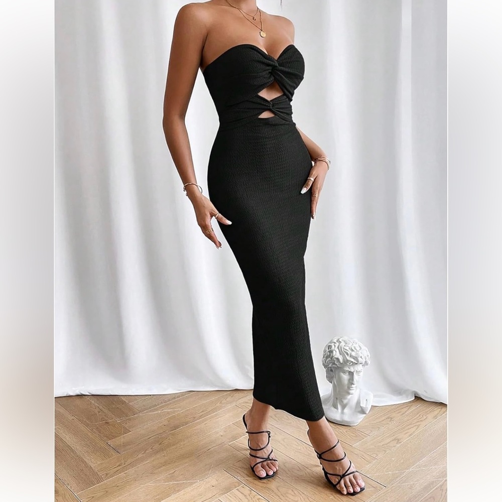 Black Cut Out Off Evening Cocktail Long Dress